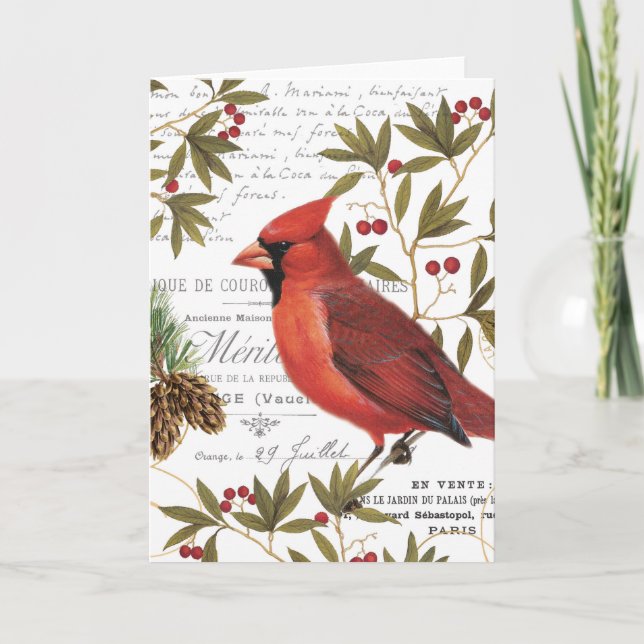 Modern vintage woodland cardinal holiday card (Front)