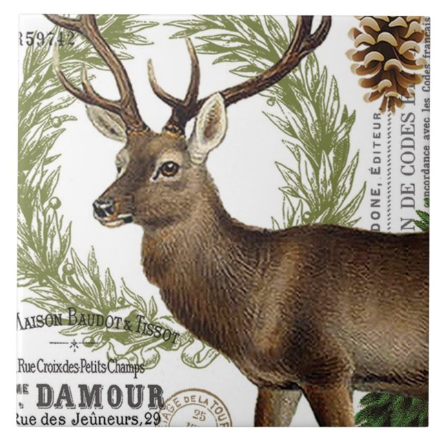 modern vintage woodland winter deer tile (Front)