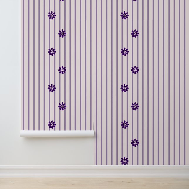 Modern Violet & Blush Stripes - Purple Blooms Wallpaper (Application)