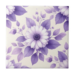 Modern Violet Daisies and Plum Botanical Tile