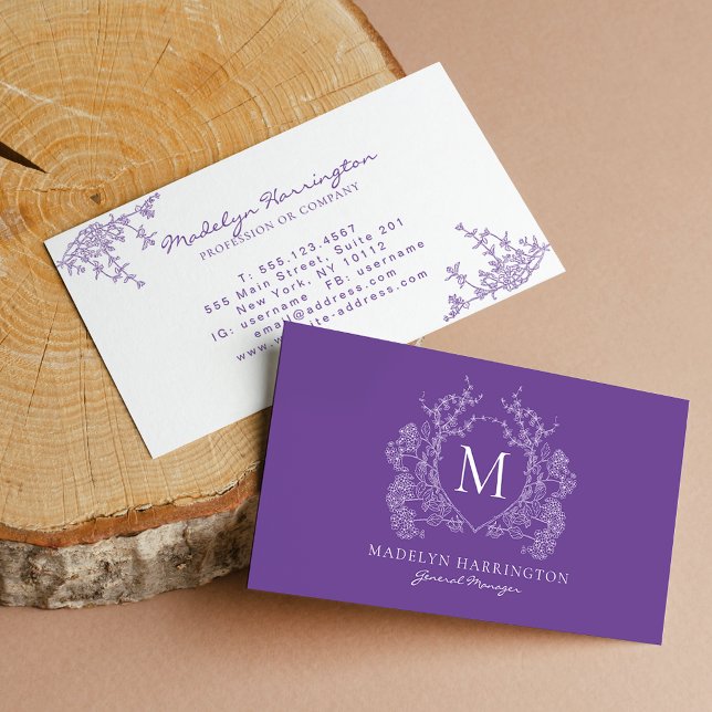 Modern Violet Floral Crest Monogram Business Card (Creator Uploaded)