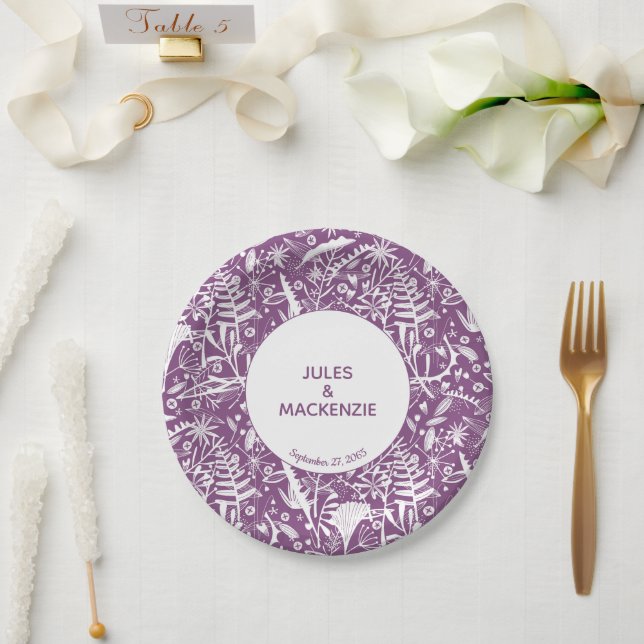 Modern Violet Graphic Floral Botanical Wedding Paper Plate (Wedding)