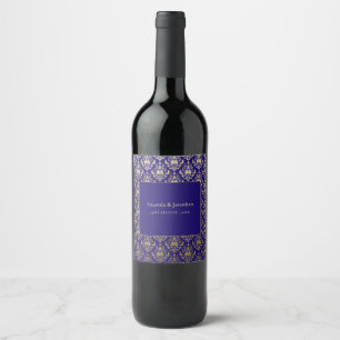 Modern Violet Purple and Gold Pattern Wedding Wine Label