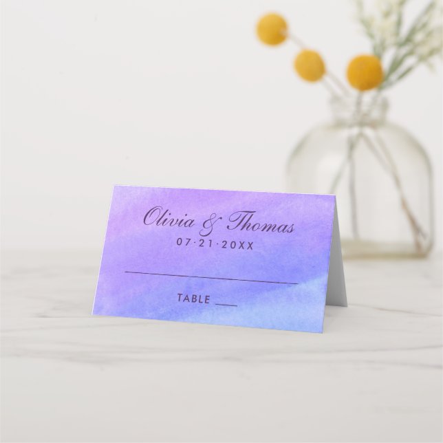 Modern Violet Purple Watercolor Wedding Monogram Place Card (Front)