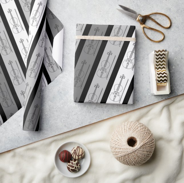 Modern Violin Cool Pattern Striped Retro Chic Grey Wrapping Paper (Crafts)