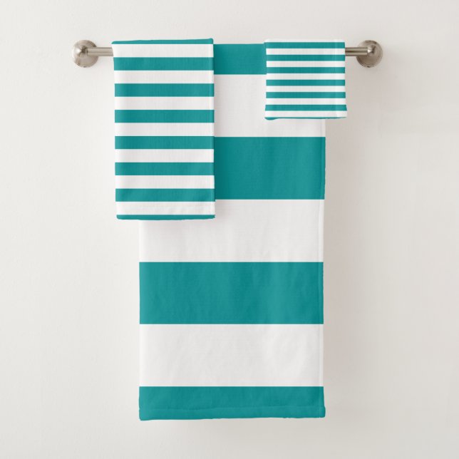 Modern Viridian Green and White Striped pattern Bath Towel Set (Insitu)