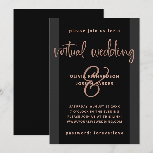Modern Virtual Wedding | Black and Rose Gold Invitation (Front/Back)
