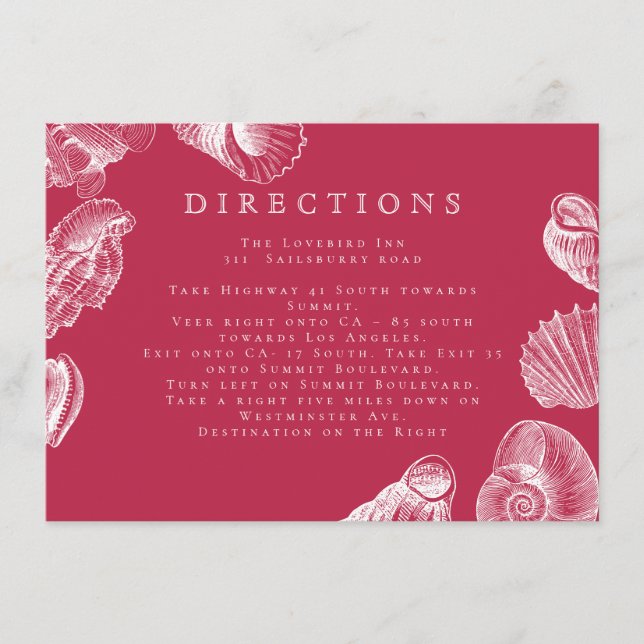Modern  Viva Magenta Beach Sea Shell Directions Enclosure Card (Front)