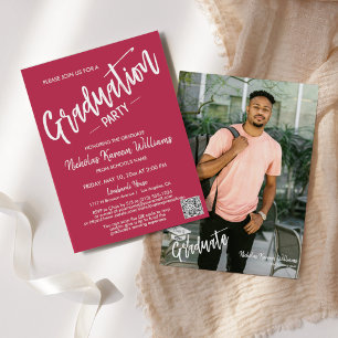 Modern Viva Magenta QR Code Photo Graduation Party Invitation