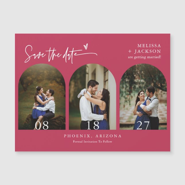 Modern Viva Magenta Save the Date Tri Arch Photo (Front)