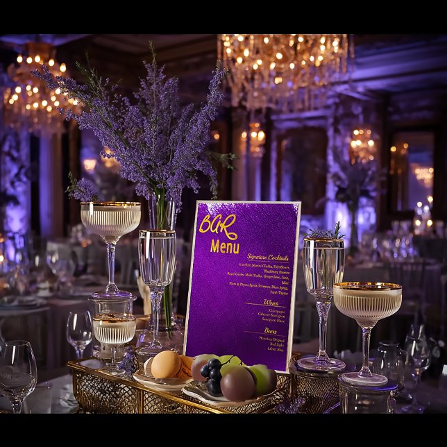  Modern Vivid Violet Purple Bar Menu Acrylic Sign (Stylish Vivid Purple and Gold Wedding Bar Acrylic Menu)
