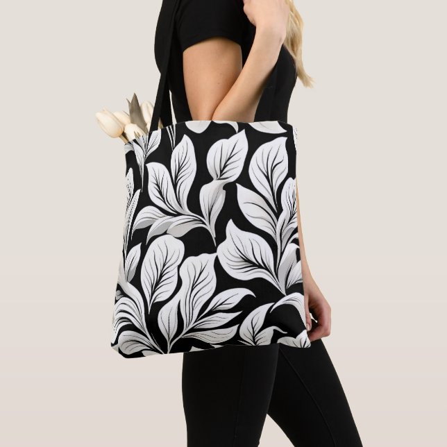 Modern Waldorf Botanical Style Black & White Leaf  Tote Bag (Close Up)