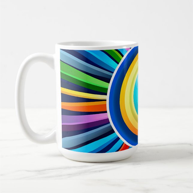Modern wall clock with vibrant radial rainbow sunb coffee mug (Left)