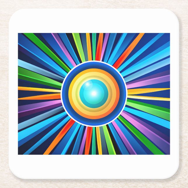 Modern wall clock with vibrant radial rainbow sunb square paper coaster (Front)