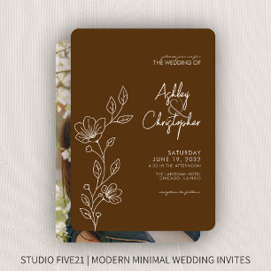Modern Walnut Brown Foliage Outline Photo Wedding Invitation