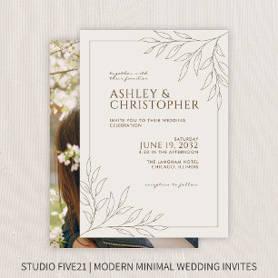 Modern Walnut Brown Foliage Outline Photo Wedding Invitation
