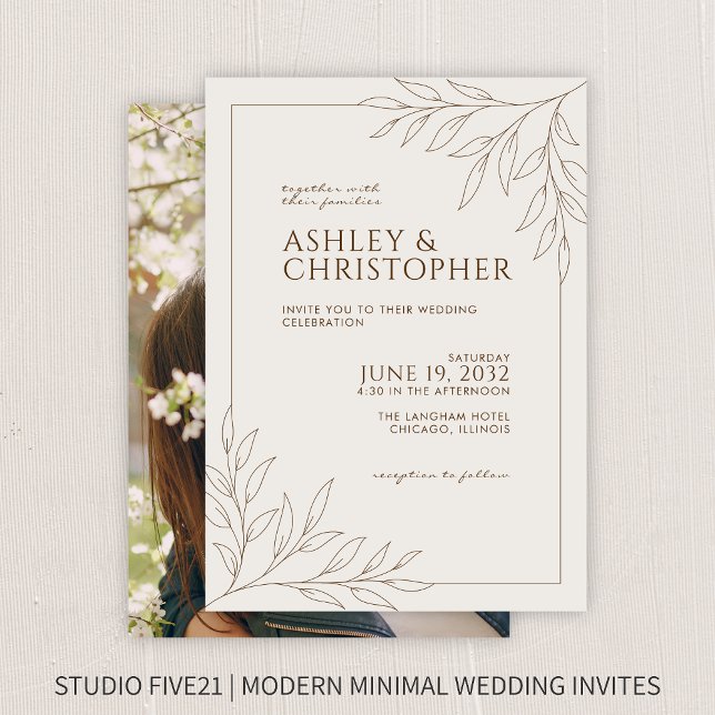 Modern Walnut Brown Foliage Outline Photo Wedding Invitation (Creator Uploaded)