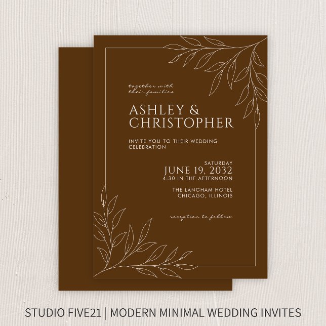 Modern Walnut Brown Foliage Outline Wedding Invitation (Creator Uploaded)