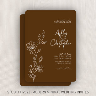 Modern Walnut Brown Foliage Outline Wedding Invitation