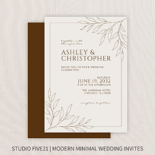 Modern Walnut Brown Foliage Outline Wedding Invitation