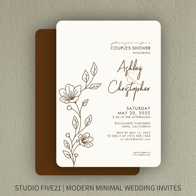 Modern Walnut Brown Foliage Outline Wedding Shower Invitation (Creator Uploaded)