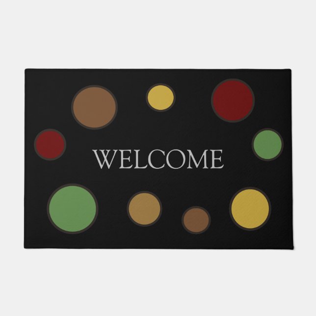 Modern Warm Coloured  Circles on Black Welcome Doormat (Front)
