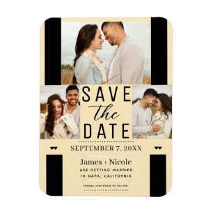 Modern Warm Custard Save the Date 3 Photo Wedding  Magnet