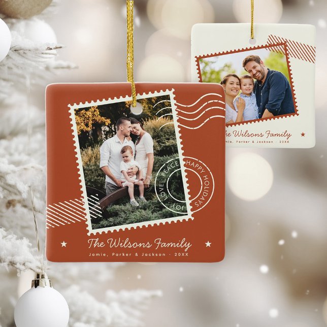 Modern Warm Family Photo Cute Stamp Holiday Ceramic Ornament (Creator Uploaded)
