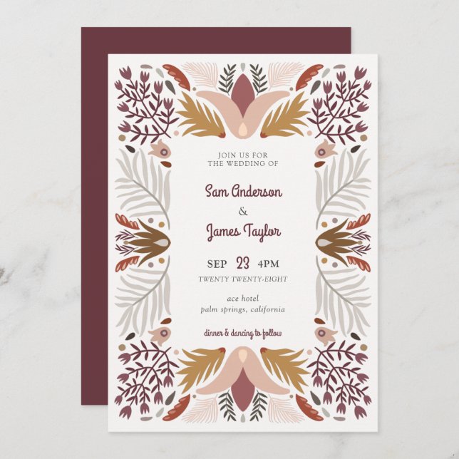 Modern Warm Geometric Botanical Boho Frame Wedding Invitation (Front/Back)