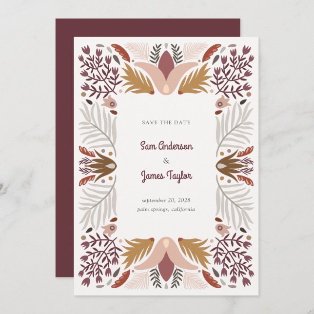 Modern Warm Geometric Botanical Floral Boho Frame Save The Date (Front/Back)