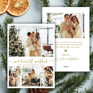 Modern Warmest Wishes Script 4 Photo Christmas Holiday Card