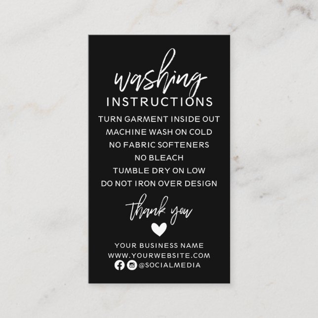 Modern Washing Instructions Clothing Shirt Care Business Card (Front)