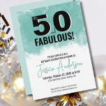 Modern Watercolor 50th Birthday Party Invitation<br><div class="desc">A blend of cute script and modern boldness with this simple "50 And Fabulous" birthday invitation design! Featuring a classic black and white colouring with a splash of colour from the teal blue (or light turquoise) watercolor background. Customise all of the text (except the 50), and if you need to,...</div>