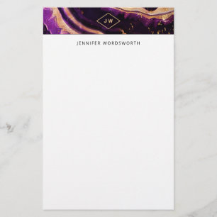 Modern Watercolor Abstract Dark Purple Gold Agate Stationery