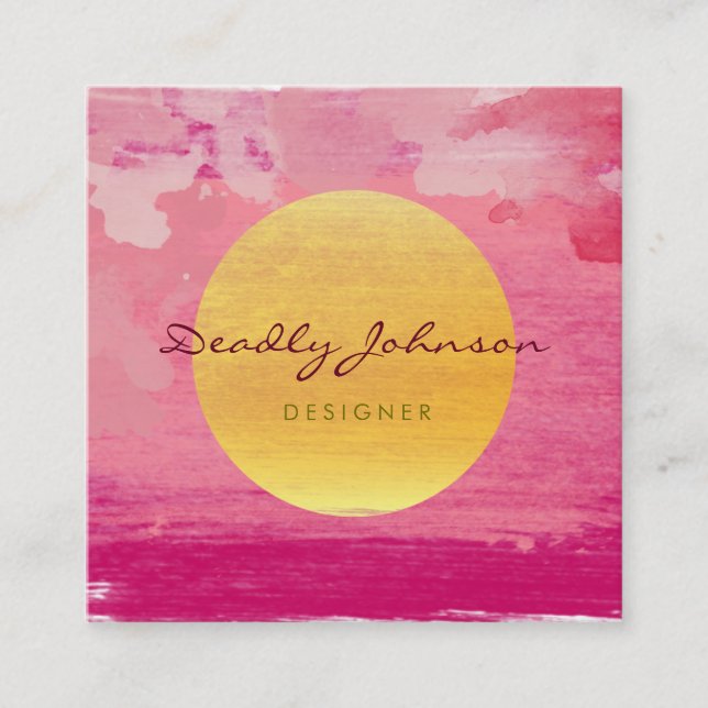 Modern Watercolor Abstract Elegant Pink Yellow Square Business Card (Front)