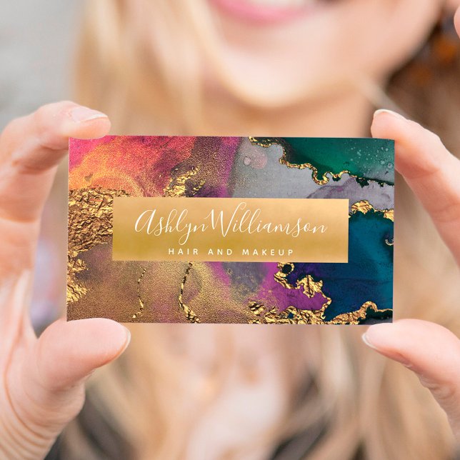 Modern watercolor agate gold purple blue green business card (Creator Uploaded)