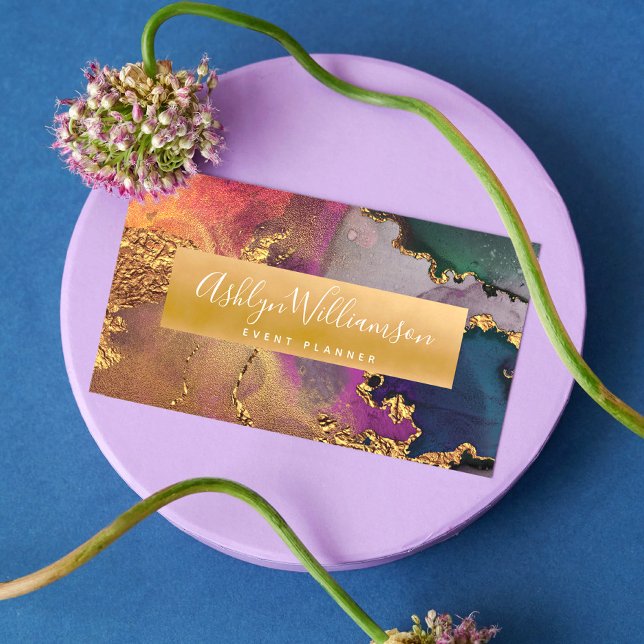 Modern watercolor agate gold purple green blue business card (Creator Uploaded)