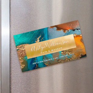 Modern watercolor agate gold turquoise hair salon magnetic business card