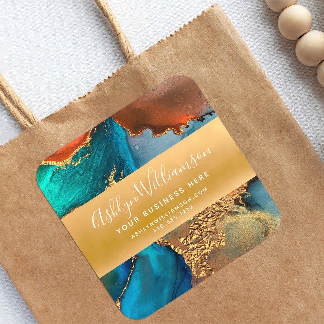 Modern watercolor agate turquoise gold orange square sticker (Creator Uploaded)