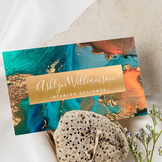 Modern watercolor agate turquoise orange gold bold business card (Creator Uploaded)