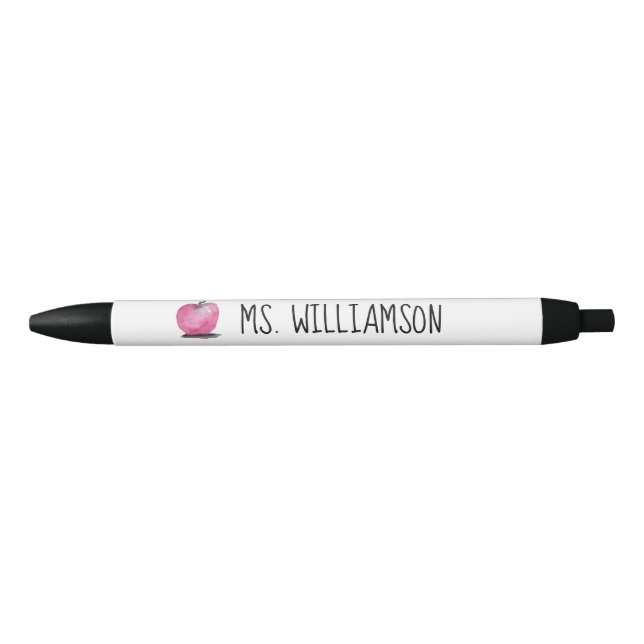 Modern Watercolor Apple Personalised Teacher Gift Black Ink Pen (Front)