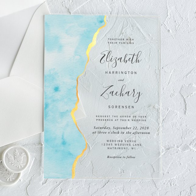 Modern Watercolor Aqua Blue Agate Wedding Acrylic Invitations (Creator Uploaded)