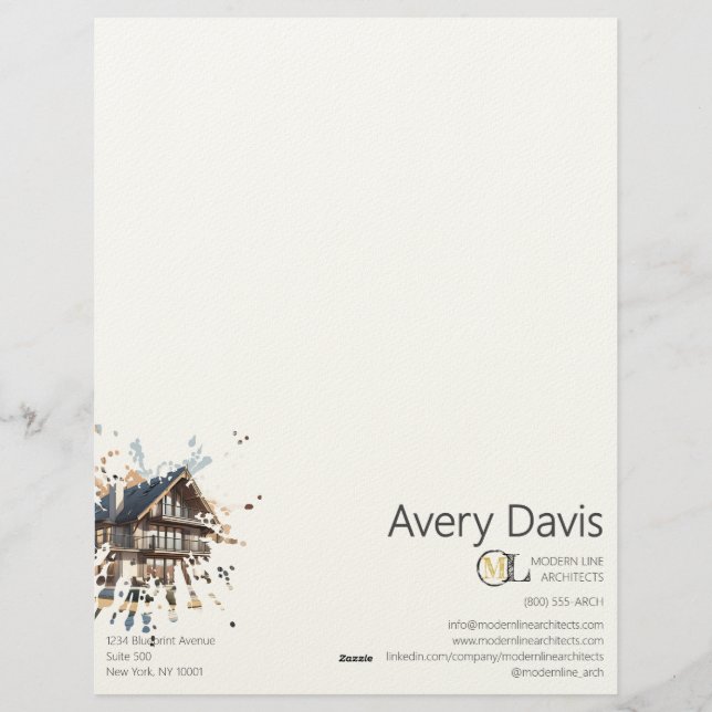 Modern Watercolor Architecture Real Estate Custom Letterhead (Back)