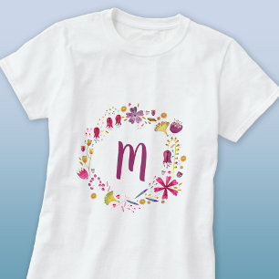 Modern Watercolor Autumn Flower Garland Monogram T-Shirt