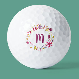 Modern Watercolor Autumn Flower Monogram Golf Balls