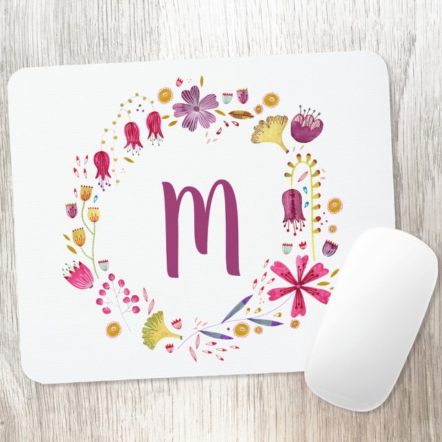 Modern Watercolor Autumn Flower Monogram Mouse Pad (Floral watercolor monogram initial personalized art mousemat)