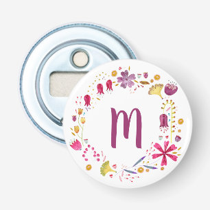 Modern Watercolor Autumn Flower Wreath Monogram Bottle Opener