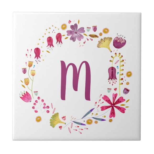 Modern Watercolor Autumnal Flower Monogram Tile (Front)