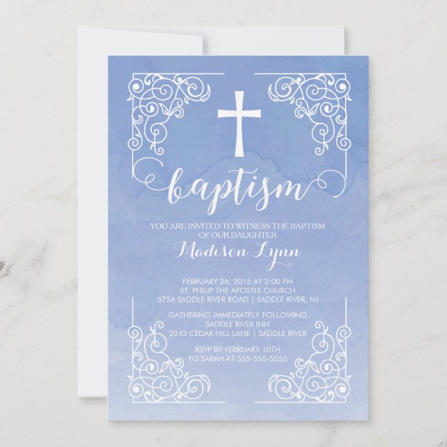 Modern Watercolor Baptism Christening Cross Invitation (Front)