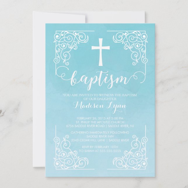 Modern Watercolor Baptism Christening Cross Invitation (Front)